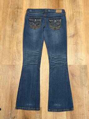 Y2K Premiere Distressed Bootcut Jeans Size 5/6 Dark Wash Embroidered Pockets